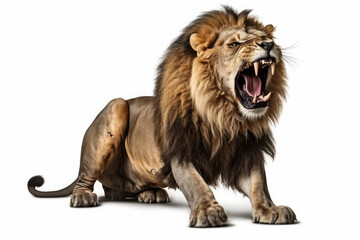 Fototapeta premium Roar of the Wild: Lion Roaring, Displaying Majestic Power and Strength on a White Background - A Striking Image of the Wild Animal's Aggressive Elegance.