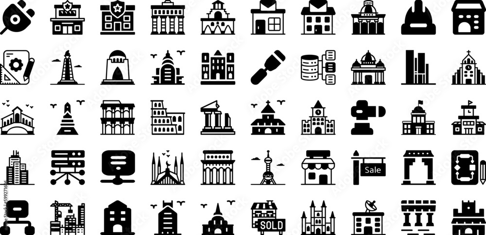 Poster architecture icon set isolated silhouette solid icons with symbol, sign, vector, architecture, const