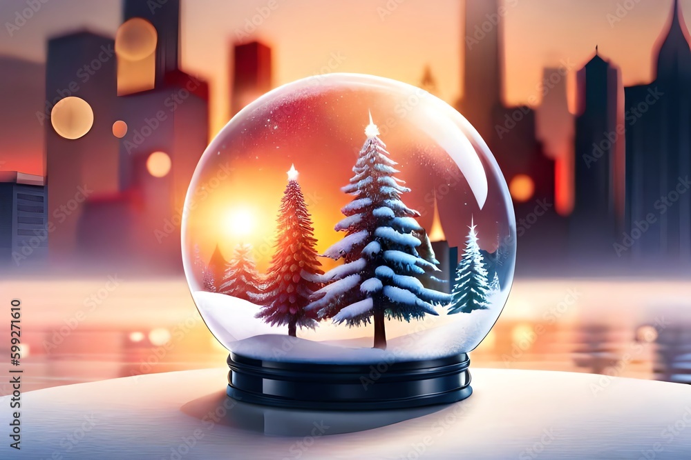 Wall mural snow globe with christmas tree and bokeh. christmas eve. generative ai