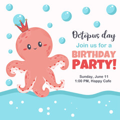 happy birthday, birthday party, summer party invitaion, card, post poster, octopus, sea