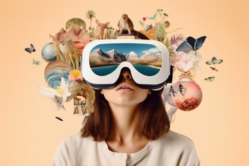 vr woman digital glasses reality abstract video technology future travel virtual. Generative AI.