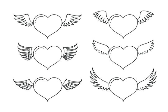 Flying heart with wings line icon set isolated on white background. Heart with wings vector logo. Flat design style. Vector illustration.