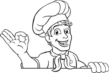 A chef cook or baker man cartoon character giving a perfect or okay chefs hand sign. Peeking over a background sign.