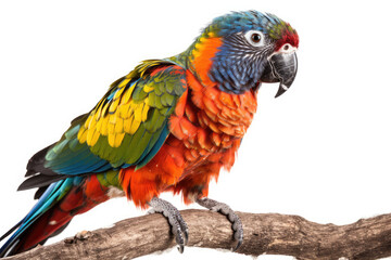 Exotic Feathery Friend. Marvel at the stunning hues of the parrot, gracefully perched on a branch, against a white background. Copy space. Nature concept AI Generative