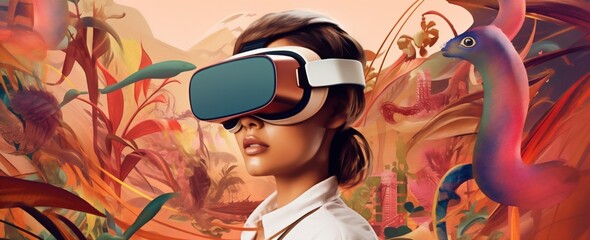 travel woman abstract vr glasses future futuristic technology reality digital virtual. Generative AI.