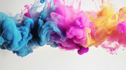 Paint drop. Ink water. Color explosion. Blue pink purple yellow fluid splash glitter dust texture vapor cloud abstract art background
