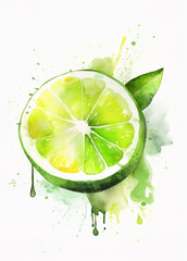 Fototapeta na wymiar Watercolour green lime drawing, isolated on white stock illustration ai generative 