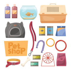 Pet shop assortment, animals accessories, vector illustration. Set of store supply items for domestic pets: cats, dogs, rodent. Isolated stickers, graphic label element for animal shop. Feed, toys.