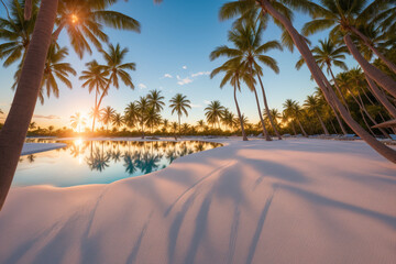 Fototapeta premium tranquil tropical beach at sunset, featuring pristine white sand. Generative AI