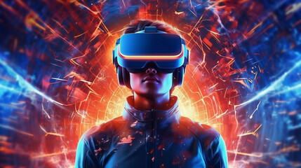 Futuristic image of a man wearing a VR headset. Ai generative 