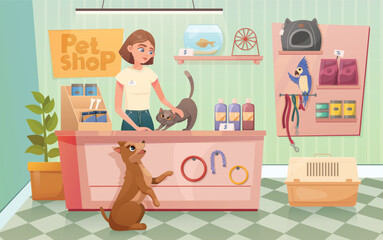 Pet shop interior with woman seller, home animals: dog, cat, parrot, fish. Shelves with accessories, feeds and toys vector illustration.