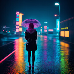 Fototapeta premium woman standing alone in the rain silhouetted by neon lights. Generative AI