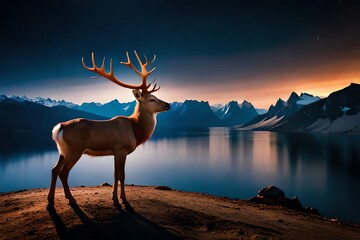 Christmas reindeer with big antlers in starry mountain night, illustration. Christmas holiday. Generative AI