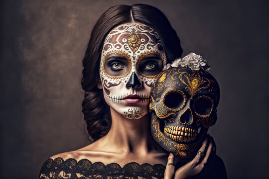 Day of the Dead Sugar Skull and Make Up - Halloween - Ai Generative no one recognizable