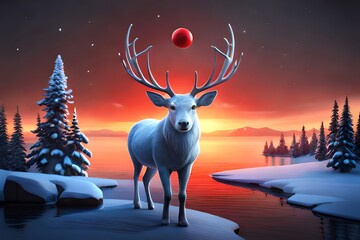 Fototapeta premium Reindeer with red nose and Santa hat 3D rendering. Christmas holiday. Generative AI