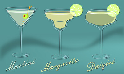 Сocktail party flyer. Set of three cocktails in retro style. Letters in different glasses. Summer cocktails, vector illustration
