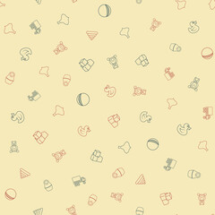 Seamless hand drawn doodle pattern with toys. Vector illustration for backgrounds, web design, design elements, textile prints, covers, greeting cards