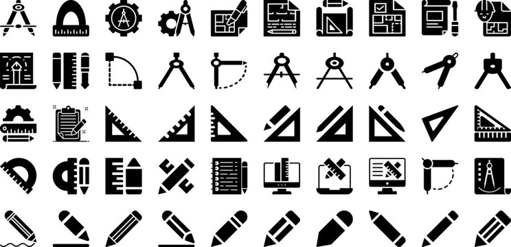 Drafting Icon Set Isolated Silhouette Solid Icons With Symbol, Vector, Icon, Drafting, Construction, Plan, Design Infographic Simple Vector Illustration