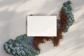 Mockup blank golden picture frame  on the white beige wall  with flowering nature plants in morning sunlight. 3D render for poster frame template.