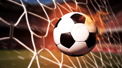 Naklejka premium Black and whithe soccer ball on green grass ai generative