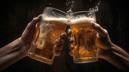 Two hands holding beer mugs and toasting. Generative AI