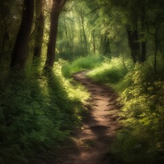 Obraz premium summer green leaf path forest pathway landscape nature tree wood. Generative AI.