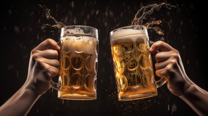 Two hands holding beer mugs and toasting. Generative AI