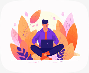 man with laptop sitting outside with beautiful landscape in background. Sunrise, mountains and pink sky. Freedom, working late and workaholic concept. Vector illustration.