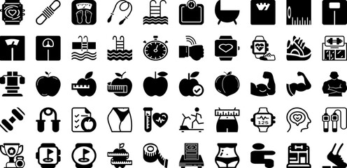 Fitness Icon Set Isolated Silhouette Solid Icons With Diet, Gym, Muscle, Sport, Fitness, Exercise, Weight Infographic Simple Vector Illustration
