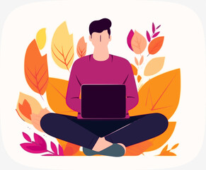 man with laptop sitting outside with beautiful landscape in background. Sunrise, mountains and pink sky. Freedom, working late and workaholic concept. Vector illustration.