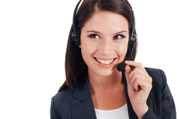 The face of the helpful voice...Closeup studio shot of a young businesswoman talking on a headset isolated on white.