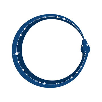 Ouroboros, a serpent with a cosmic pattern on its back, coiled in a ring, biting its tail, isolated on a white background. A symbol of infinity and endless rebirth. Flat vector illustration