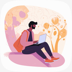 A young freelance guy sits on a bench in a spring city park and works at a laptop. Flat vector illustration