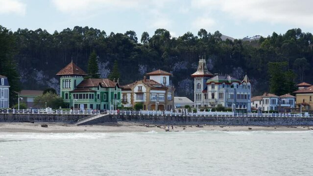 Palace type houses with typical architecture of the area on the beaches of Ribadesella, Asturias.