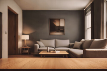 Table top with Blurred sofa Home interior decoration