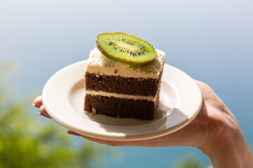 Chocolate cake with a slice of kiwi in a plate on the background of the sea.