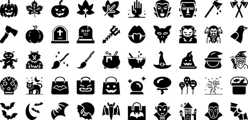 Halloween Icon Set Isolated Silhouette Solid Icons With Vector, Horror, Pumpkin, Icon, Halloween, Holiday, Spooky Infographic Simple Vector Illustration