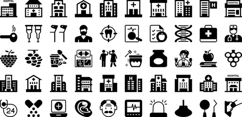 Health Icon Set Isolated Silhouette Solid Icons With Vector, Health, Icon, Medical, Line, Symbol, Outline Infographic Simple Vector Illustration