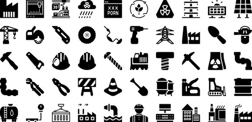 Industry Icon Set Isolated Silhouette Solid Icons With Industry, Technology, Vector, Icon, Line, Industrial, Symbol Infographic Simple Vector Illustration