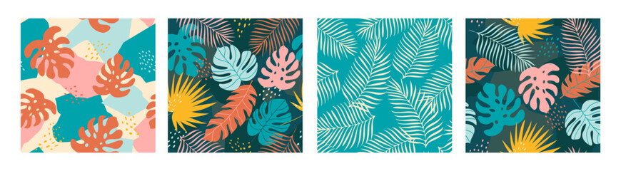 Naklejka na ściany i meble Collection modern colorful tropical patterns seamless. Creative abstract contemporary collage exotic jungle plants. Trendy design for paper, covers, fabric. Hand drawn vector illustration.
