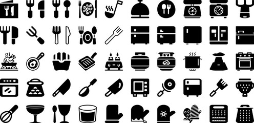 Kitchen Icon Set Isolated Silhouette Solid Icons With Food, Icon, Set, Cooking, Symbol, Kitchen, Vector Infographic Simple Vector Illustration