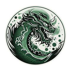 Traditional East Asian dragon depicted in a circular emblem. Asian and Eastern mythological creature. isolated background, vetctor art illustration, label, sticker, t-shirt printing