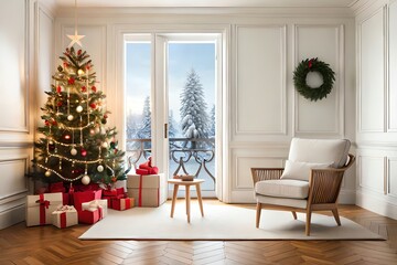 Scandinavian Christmas Interior With Tree, Gifts, And Rattan Chair. Christmas Eve. Generative AI