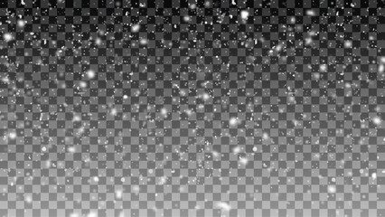 Falling snow vector isolated on dark background. Snowflake transparent decoration effect. Xmas snow flake pattern. Magic white snowfall texture. Winter snowstorm backdrop