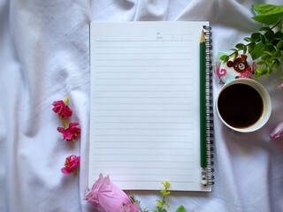 notebook and flowers .  With hot coffee. 