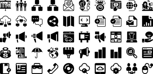 Marketing Icon Set Isolated Silhouette Solid Icons With Media, Marketing, Web, Business, Seo, Social, Icon Infographic Simple Vector Illustration