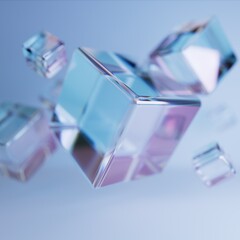 Crystal cubes floating in the air. Dispersion refraction translucent creative background. 3d rendering of fantasy concept of glass blocks bouncing. Macro view with blurred bokeh effect