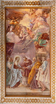 NAPLES, ITALY - APRIL 20, 2023: The fresco of  Wedding of Virgin Mary and St. Joseph in church Basilica di Santa Maria degli Angeli a Pizzofalcone by  Giovan Battista Beinaschi (1668-1675).