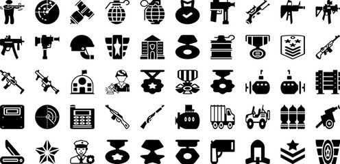 Military Icon Set Isolated Silhouette Solid Icons With Military, Symbol, Illustration, Icon, Set, Vector, Sign Infographic Simple Vector Illustration