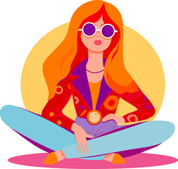 Groovy character , retro hippie woman from 70s vector illustration.Girl in retro clothes sits in pose lotus.  